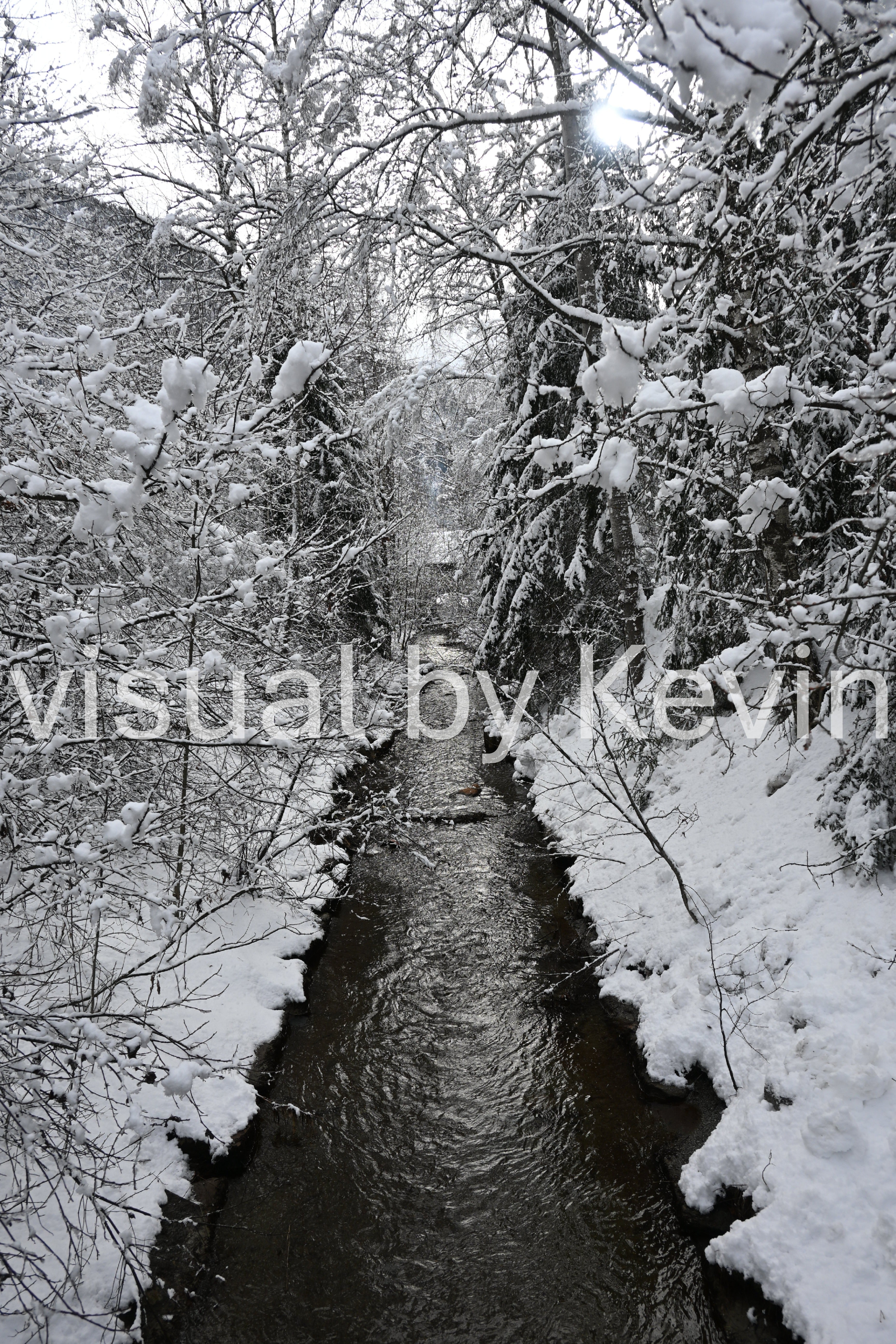 Winterbach im verschneiten Wald