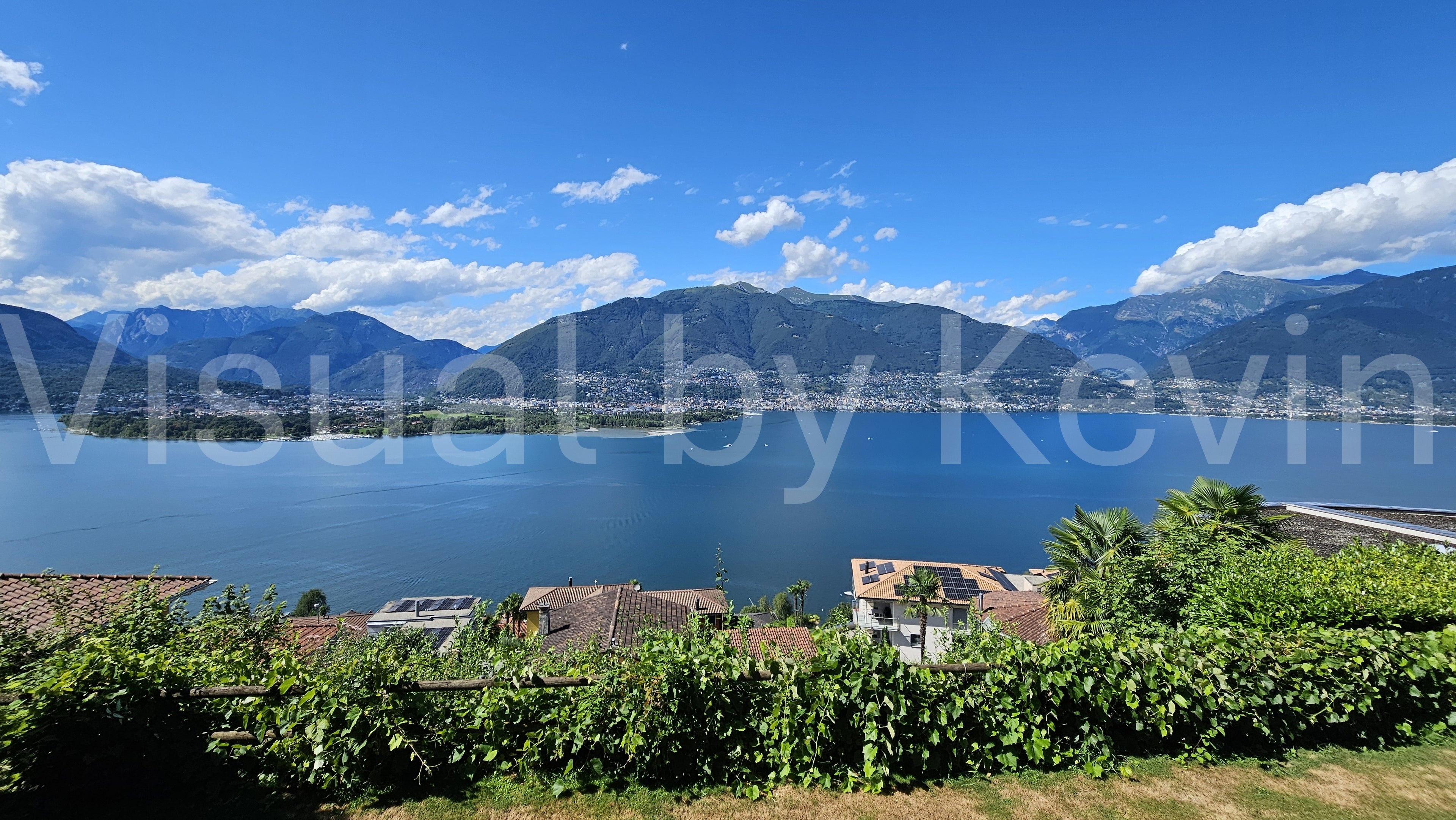 Luganer Seeblick mit Palmen und Bergen